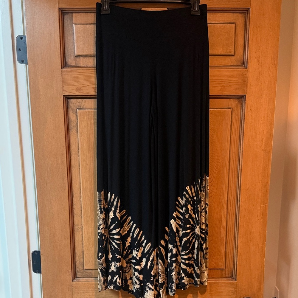 Women's Black Wide-Leg Palazzo Pants with Gold Tie-Dye Hem